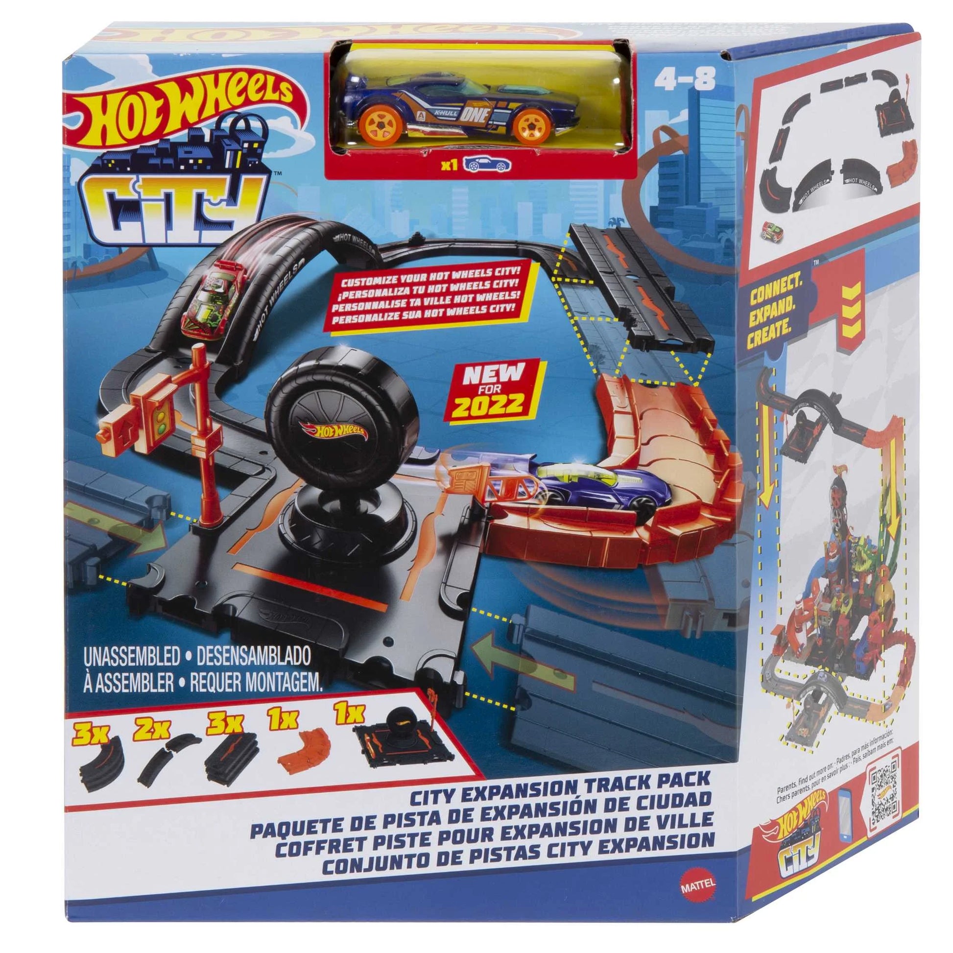 City Track Pack, Set of 10 Basic Track Pieces with 1:64 Scale Toy Car, 20.63 In